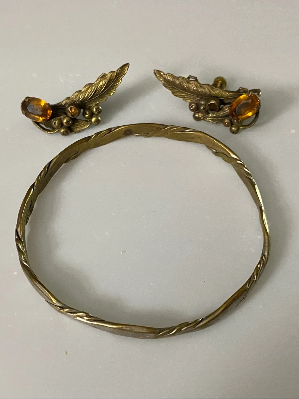 Gold Tone Amber Leaf Bangle stamped Taxco 92.5 and Clip Earrings Set stamped Pat